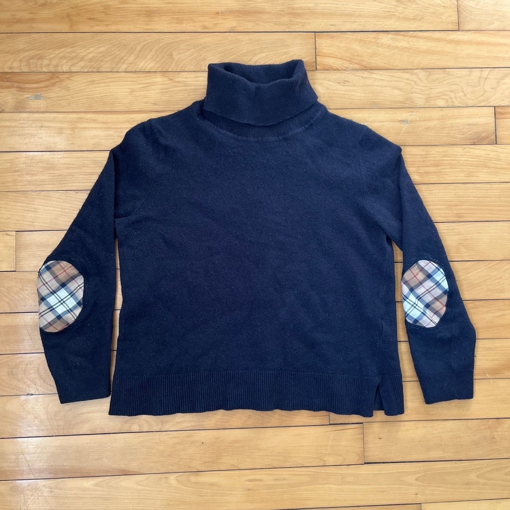 Barbour Pendle Roll Collar Navy Wool Blend Sweater Plaid Elbow Patches